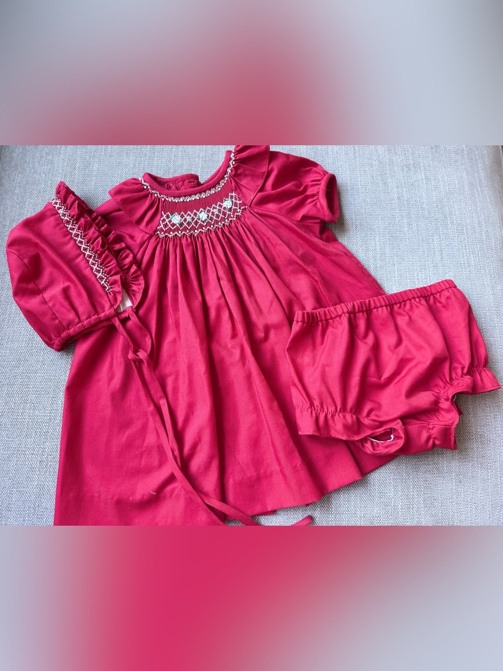 Luli & Me Bright Red Smocked Dress with Matching Bloomer and Bonnet Set